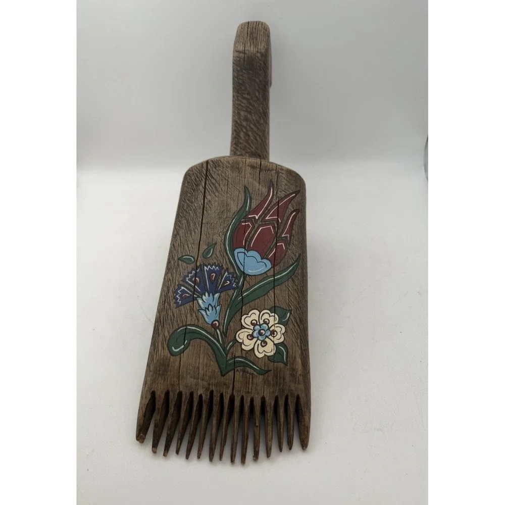 Vintage Wooden Kirkit Loom Beater Hand Painted Folk Art Weaving Comb 12